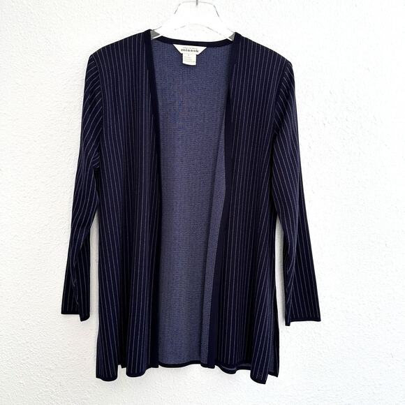 Exclusively Misook Knit Open Front Cardigan Sweater Large Navy Pinstriped Modest - Picture 1 of 6